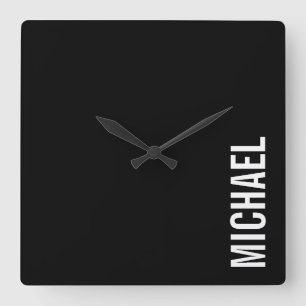 Black Modern Minimalist Personalised Name Square Wall Clock