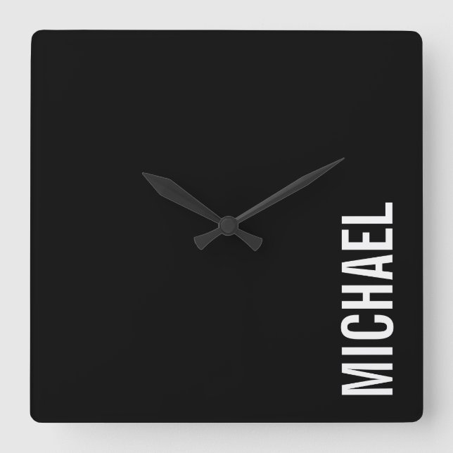 Black Modern Minimalist Personalised Name Square Wall Clock (Front)