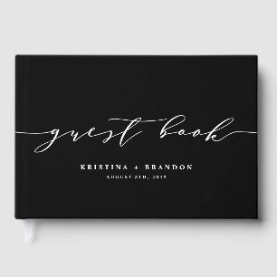 Black Modern Minimalist Script Photo Wedding Guest Book
