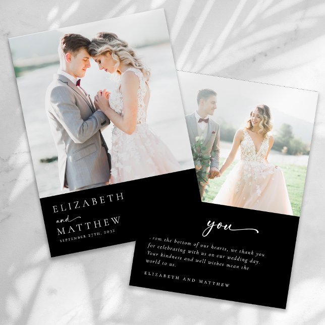 Black Modern Minimalist Script Photo Wedding Thank You Card (Creator Uploaded)