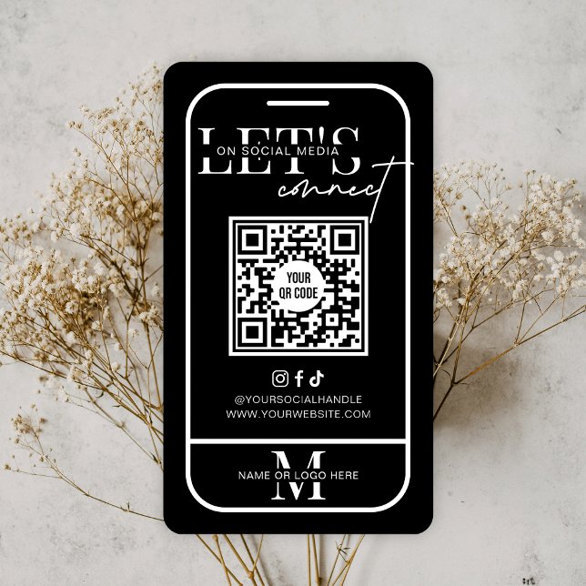 Black Modern Minimalist Social Media QR Code Business Card (Modern black and white Social Media QR Code Business Cards with phone outline and scannable URL)