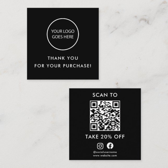 Black Modern Minimalist Thank You QR Code Discount Card (Front/Back)
