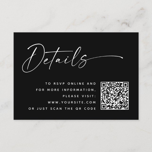 Black Modern Minimalist Wedding Details | QR Code Enclosure Card (Front)