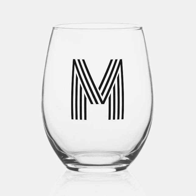 Black Modern Monogram Initial Letter Stemless Wine Glass (Front)