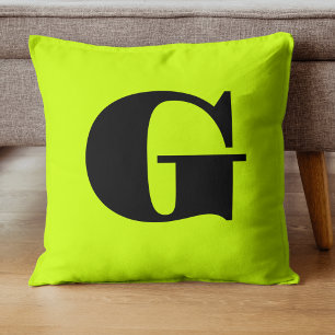 Black Modern Monogram   Neon Lime Yellow    Cushion