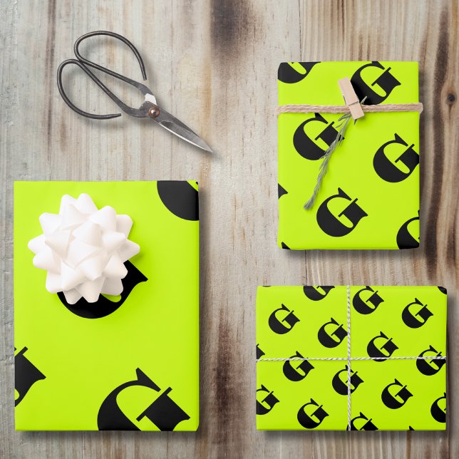 Black Modern Monogram | Neon Lime Yellow    Wrapping Paper Sheet (Creator Uploaded)