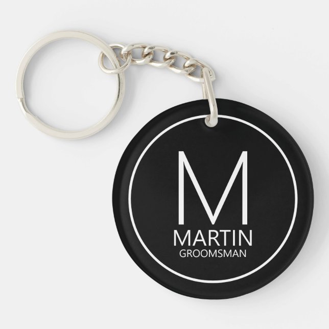 Black Modern Personalised Monogram&Name Groomsmen Key Ring (Front)