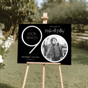 Black Modern Photo 90th Birthday Welcome Sign