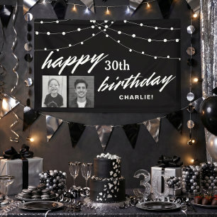 Black Modern Photo Any Birthday Party Banner