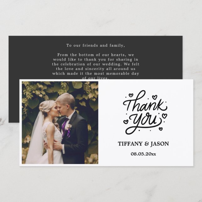 Black Modern Photo Calligraphy Heart Minimalist  Thank You Card (Front/Back)