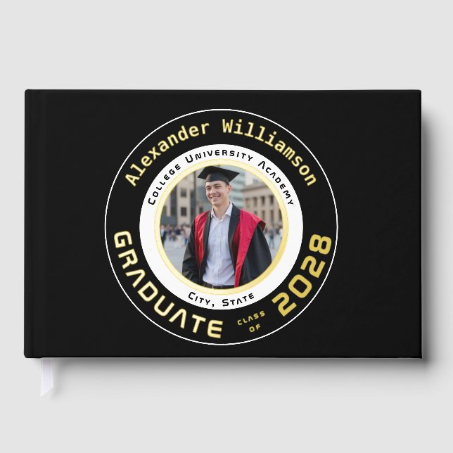 Black Modern Photo Graduation Gold Foil Guest Book (Front)