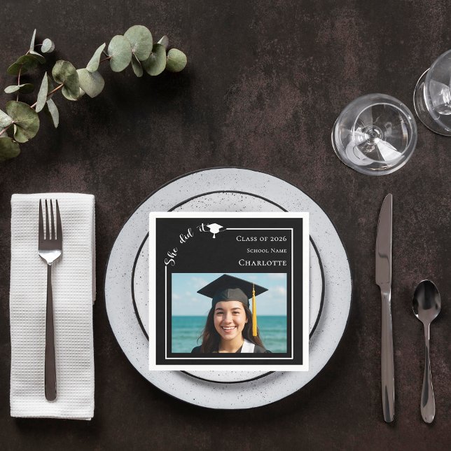 Black modern photo Graduation Party Napkin (Creator Uploaded)