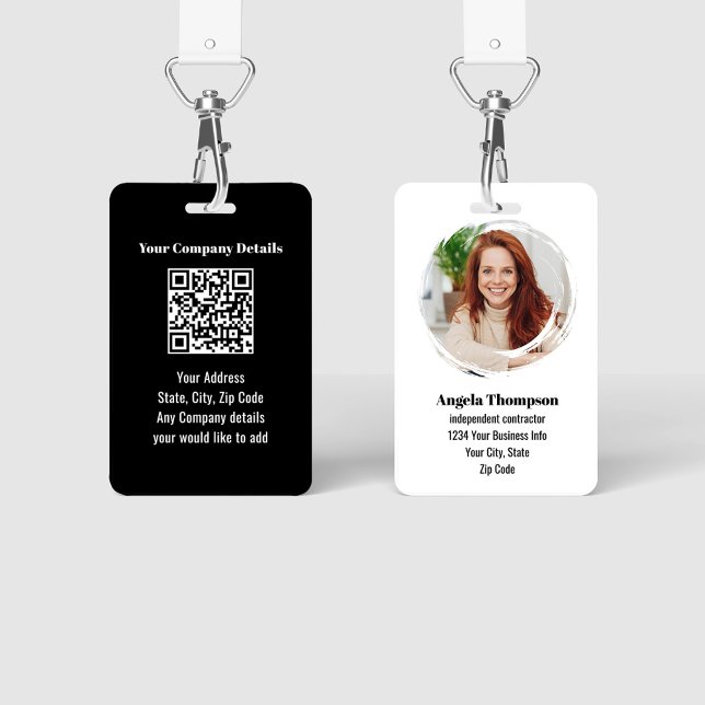 Black Modern Photo QR Code Employee ID Badge (Black and white modern business ID badge. with photo and QR code.)
