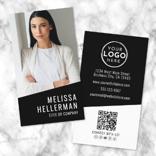 Black Modern Photo QR Code Logo Vertical Business Card