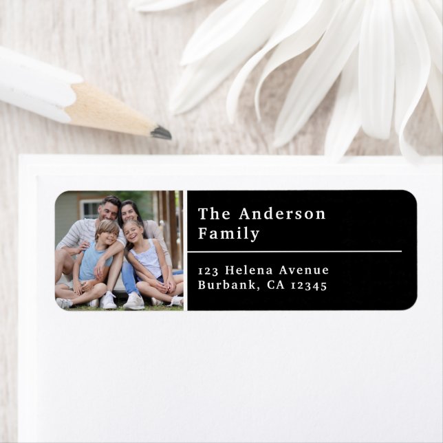 Black Modern Photo Return Address Label (Insitu)