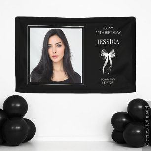 Black Modern Photo Thirty Bow Happy 30th Birthday Banner