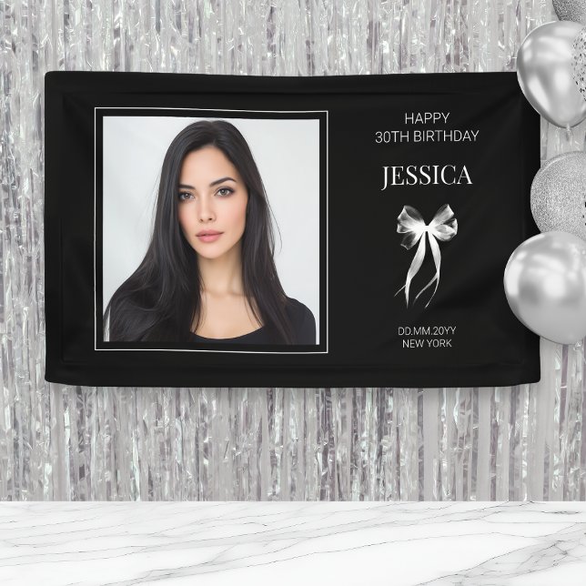Black Modern Photo Thirty Bow Happy 30th Birthday Banner (Black Modern Photo Thirty Bow Happy 30th Birthday Banner)