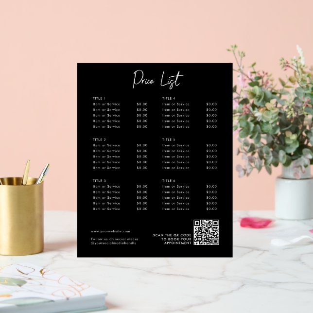 Black Modern Price List Menu QR Code Social Media  Acrylic Sign (Wedding)