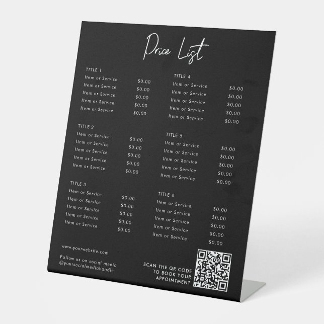 Black Modern Price List Menu QR Code Social Media  Pedestal Sign (Front)