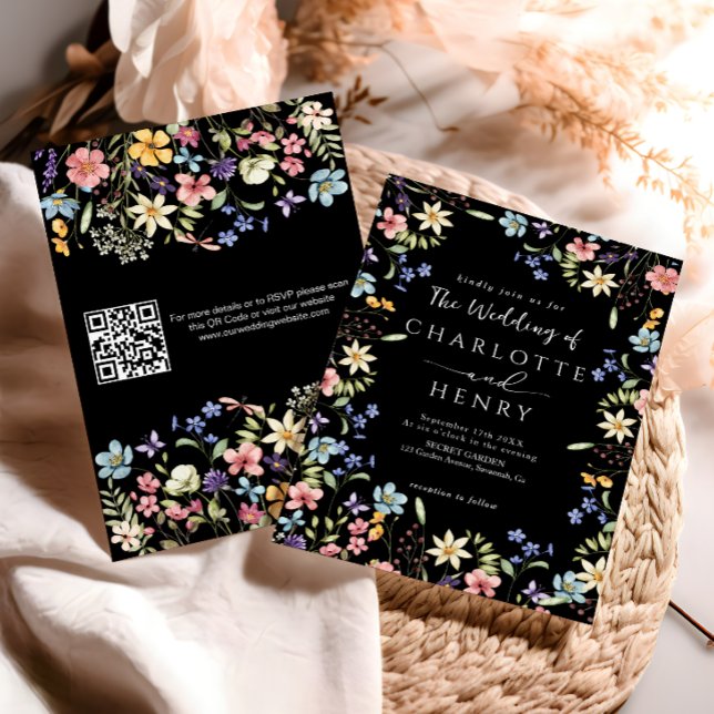 Black Modern QR Code Wildflower Wedding  Invitation (Creator Uploaded)
