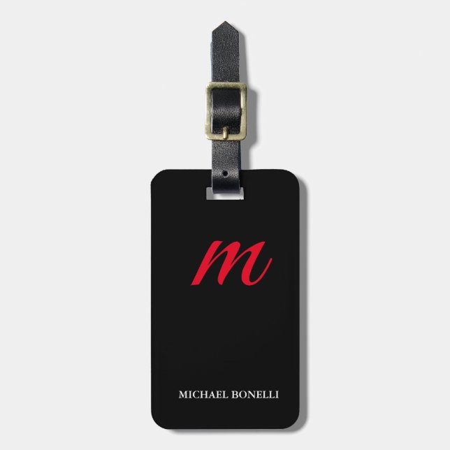 Black modern red monogram professional luggage tag (Front Vertical)
