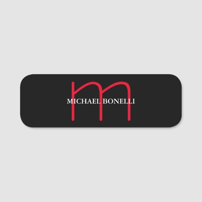 Black modern red monogram professional name tag (Front)