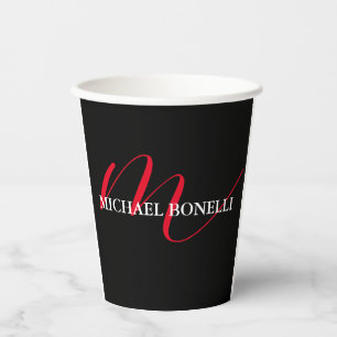 Black modern red monogram professional paper cups