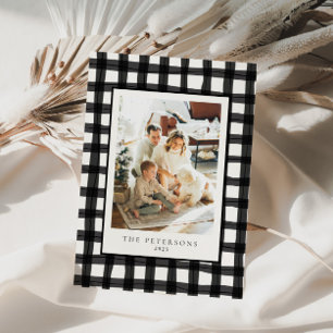 Black Modern Retro Plaid Family Photo Xmas Holiday Card