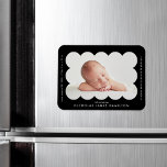 Black Modern Scalloped Frame Birth Announcement Magnet<br><div class="desc">Modern birth announcement magnet featuring your baby's photo nestled inside of a black scalloped frame. Personalise the black birth announcement magnet by adding your baby's name and additional information in white lettering.</div>