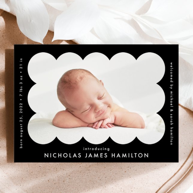 Black Modern Scalloped Photo Frame Birth Announcement (Creator Uploaded)