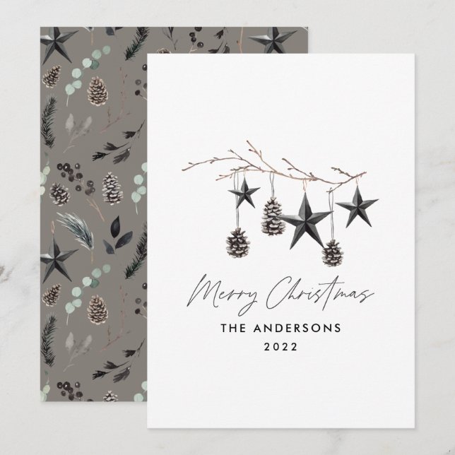 Black modern scandi elegant script Christmas Holid Holiday Card (Front/Back)