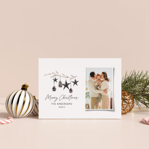 Black modern scandi elegant script Christmas photo Holiday Card