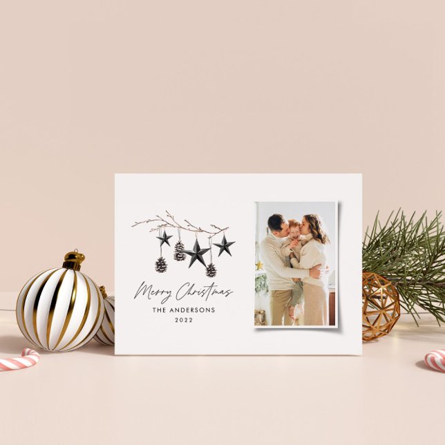 Black modern scandi elegant script Christmas photo Holiday Card (Creator Uploaded)
