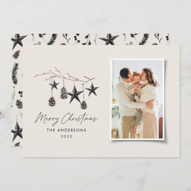 Black modern scandi elegant script Christmas photo Holiday Card (Front/Back)