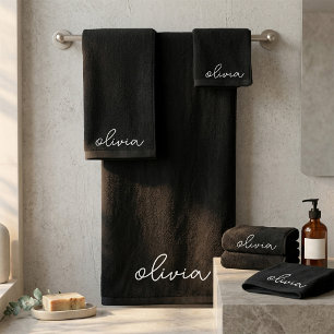 Black Modern Script Girly Monogram Name Bath Towel Set