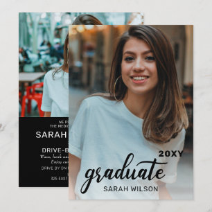 Black Modern Script Graduate Two Photos Drive By  Invitation