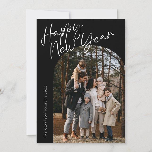Black Modern Script Happy New Year Arch 2 Photo Holiday Card (Front)