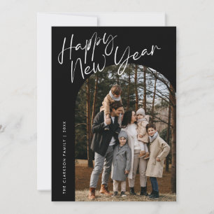 Black Modern Script Happy New Year Arch 2 Photo Holiday Card