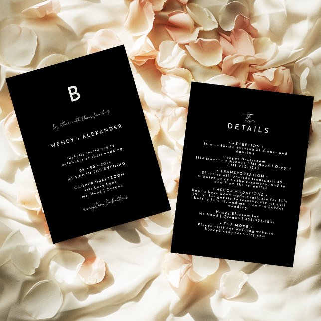 Black Modern Script Monogram Wedding Details and Invitation (Creator Uploaded)