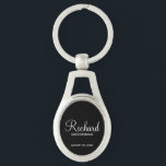 Black Modern Script Personalised Groomsman Key Ring<br><div class="desc">Personalised Groomsman Gifts
featuring personalised groomsman's name in white modern script font style with title and wedding date in modern sans serif font style on black background.

Also perfect for best man,  father of the bride,  bridesmaid,  maid of honour,  mother of the bride and more.</div>