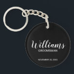 Black Modern Script Personalised Groomsman Key Ring<br><div class="desc">Personalised Groomsman Gifts
featuring personalised groomsman's name in white modern script font style with title and wedding date in modern sans serif font style on black background.

Also perfect for best man,  father of the bride,  bridesmaid,  maid of honour,  mother of the bride and more.</div>