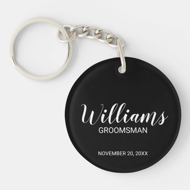 Black Modern Script Personalised Groomsman Key Ring (Front)