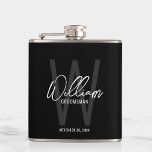 Black Modern Script Personalised Groomsman's Name Hip Flask<br><div class="desc">Modern Minimalist Personalised Monogram and Name Gifts This design features personalised groomsman's name in white modern handwriting script font style and monogram in grey modern sans serif font style as background, with wedding details in white modern sans serif font style, on black background. Also perfect for best man and more....</div>