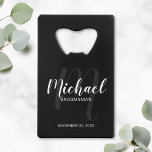 Black Modern Script Personalised Groomsmen<br><div class="desc">Add a personal touch to your wedding with personalised groomsmen credit card bottle opener. This bottle opener features personalised groomsmen's name in white modern script font style and monogram in light grey modern script font style as background with title and wedding date in white modern sans serif font style on...</div>