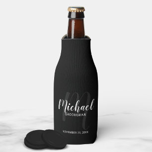 Black Modern Script Personalised Groomsmen Bottle Cooler