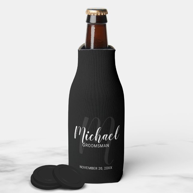 Black Modern Script Personalised Groomsmen Bottle Cooler (Creator Uploaded)