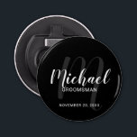 Black Modern Script Personalised Groomsmen Bottle Opener<br><div class="desc">Add a personal touch to your wedding with personalised groomsmen bottle opener. This bottle opener features personalised groomsmen's name in white modern script font style and monogram in grey modern script font style as background with title and wedding date in white modern sans serif font style on black background. Also...</div>