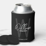 Black Modern Script Personalised Groomsmen Can Cooler<br><div class="desc">Modern Minimalist Personalised Monogram and Name Gifts This design features personalised name in white modern handwriting script font style and monogram in grey modern sans serif font style as background, with wedding details in white modern sans serif font style, on black background. Also perfect for best man, maid of honour,...</div>