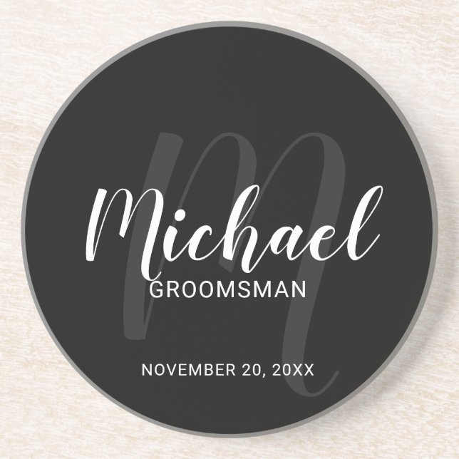 Black Modern Script Personalised Groomsmen Coaster (Front)