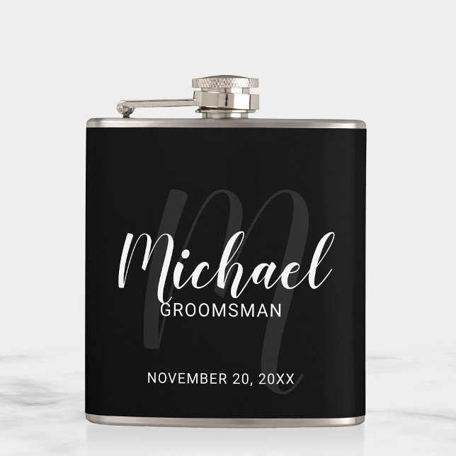Black Modern Script Personalised Groomsmen Hip Flask (Creator Uploaded)